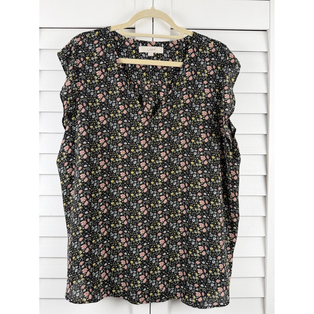 LOFT Floral Ruffle Cap Sleeve Blouse XXL Black Multi V-Neck Flowy Top